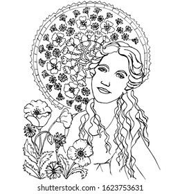 Stylized vector drawing of a young girl surrounded by an ornament of poppy and cornflowers. The Style Of Art Deco. Mucha style.  Coloring book page for adults, kids