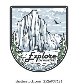 Stylized vector emblem featuring a snowy mountain peak rising high above a frozen landscape, beneath a cloudy sky with an eagle soaring gracefully