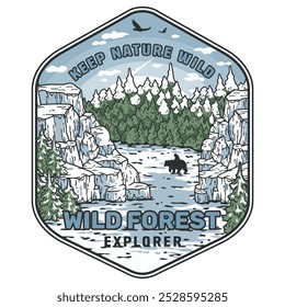 Stylized vector emblem featuring a snowy mountain peak rising high above a frozen landscape, beneath a cloudy sky with an eagle soaring gracefully