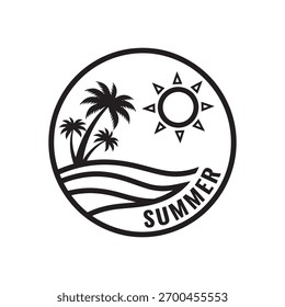 Stylized vector emblem symbolizing tropical holidays. Features palm trees, sun, waves, and 'SUMMER' text in black and white.