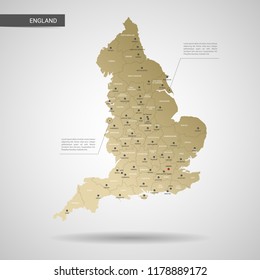 Stylized vector England map.  Infographic 3d gold map illustration with cities, borders, capital, administrative divisions and pointer marks, shadow; gradient background. 
