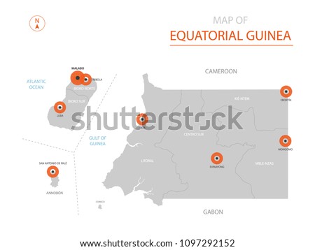 Stylized vector Equatorial Guinea
 map showing big cities, capital Malabo, 
administrative divisions.