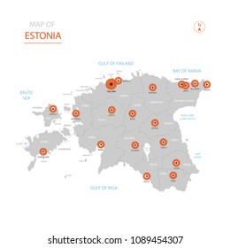 Stylized vector Estonia map showing big cities, capital Tallinn, 
administrative divisions.