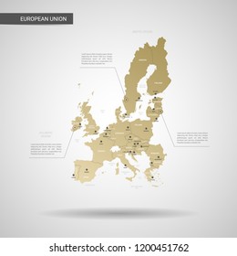 Stylized vector European Union EU map.  Infographic 3d gold map illustration with cities, borders, capital, administrative divisions and pointer marks, shadow; gradient background. 
