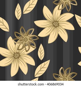 Stylized vector floral seamless background of beige color, and gray and black stripes.