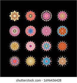 Flores vectoriales estilizadas sobre un fondo negro. Un conjunto de 16 elementos. Paleta de moda