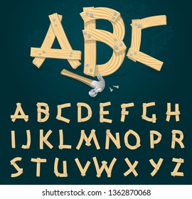 Stylized vector font made from wooden planks hammered with iron nails.