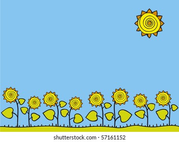 Stylized vector frame. A field of sunflowers sunlit