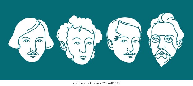 Stylized Vector and funny portraits of great russian writers. Alexander Pushkin, Nikolai Gogol, Anton Chekhov, Mikhail Lermontov.