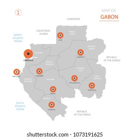 Stylized vector Gabon map showing big cities, capital Libreville, 
administrative divisions and country borders with Republic of the Congo, Equatorial Guinea, Cameroon.  