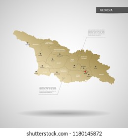 Stylized vector Georgia map.  Infographic 3d gold map illustration with cities, borders, capital, administrative divisions and pointer marks, shadow; gradient background. 