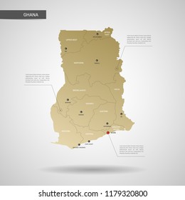 Stylized vector Ghana map.  Infographic 3d gold map illustration with cities, borders, capital, administrative divisions and pointer marks, shadow; gradient background. 