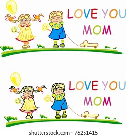 Stylized vector girl and boy with words love you mom on the background