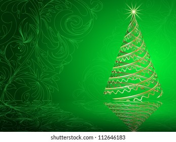 stylized vector gold Christmas tree on decorative floral background