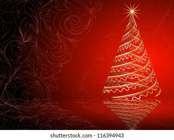 stylized vector gold Christmas tree on decorative floral background