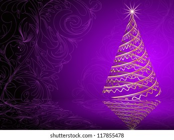 stylized vector gold Christmas tree on decorative floral background