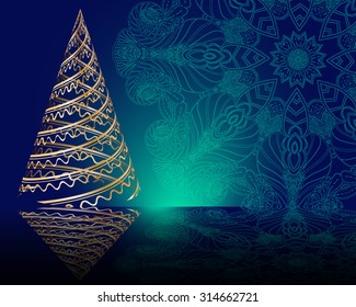 stylized vector golden Christmas tree on decorative mandala background