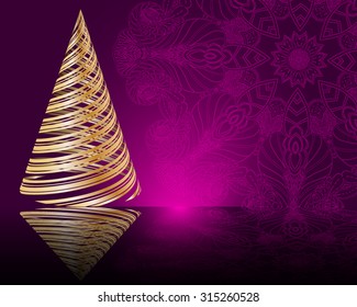 stylized vector golden Christmas tree on decorative mandala background