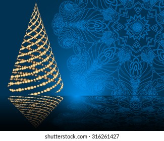 stylized vector golden Christmas tree on decorative mandala background