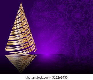 stylized vector golden Christmas tree on decorative mandala background