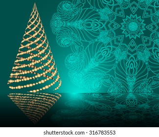 stylized vector golden Christmas tree on decorative mandala background