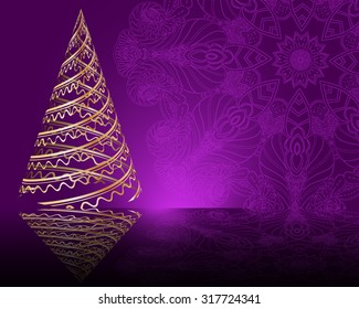 stylized vector golden Christmas tree on decorative mandala background