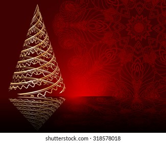 stylized vector golden Christmas tree on decorative mandala background