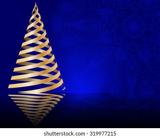 stylized vector golden Christmas tree on decorative mandala background