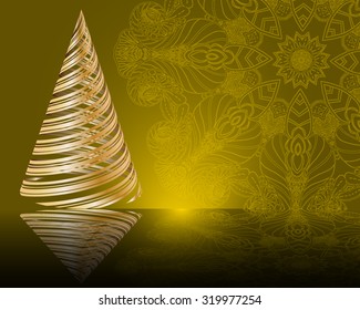 stylized vector golden Christmas tree on decorative mandala background
