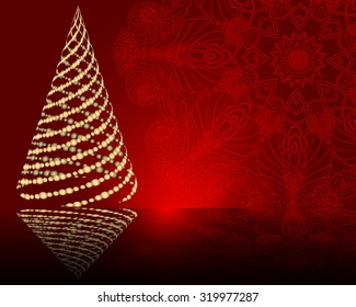 stylized vector golden Christmas tree on decorative mandala background