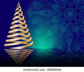 stylized vector golden Christmas tree on decorative mandala background