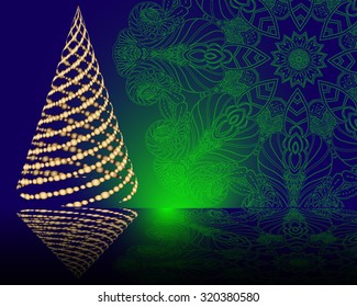 stylized vector golden Christmas tree on decorative mandala background