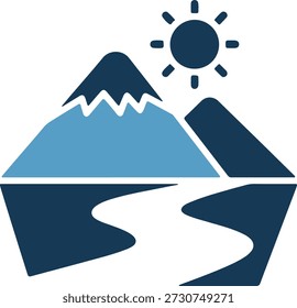Un gráfico estilizado del Vector que representa montañas azules, un río sinuoso y un sol, todo en varios tonos de azul sobre un fondo blanco.