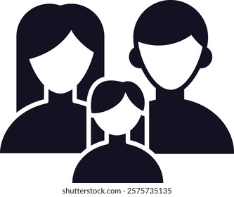 Stylized vector graphic depicting a family unit composed of a mother, father and daughter, symbolizing family values, relationships, and parental love