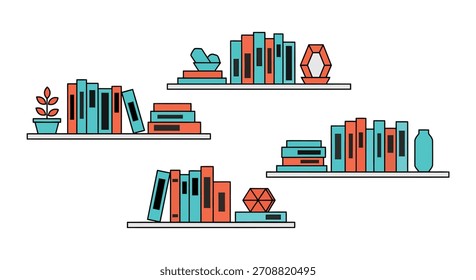 Un gráfico de Vector estilizado que representa cuatro estantes flotantes llenos de pilas de libros, Pequeños objetos decorativos y una planta en maceta, todo en una paleta de colores simple y moderna.