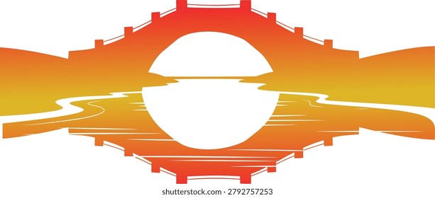 Stylized vector graphic depicting the Golden Gate Bridge and its reflection at sunset, using a vibrant orange and yellow gradient color scheme.