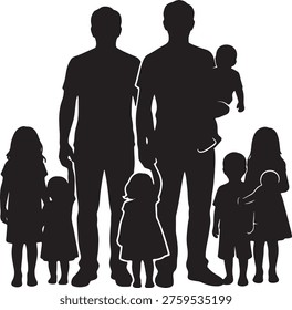 Stylized vector graphic depicts two fathers with multiple children representing modern family structures. Ideal for diversity and inclusion campaigns.