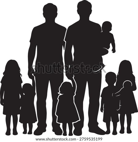 Stylized vector graphic depicts two fathers with multiple children representing modern family structures. Ideal for diversity and inclusion campaigns.