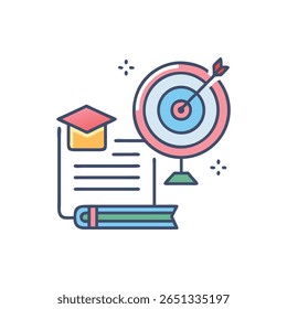 Stylized vector graphic featuring graduation cap, target with arrow, and book. Symbolizes achieving educational goals in a flat style.