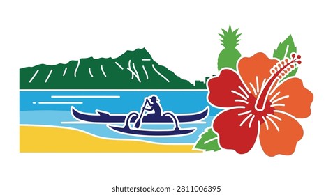Stylized vector graphic featuring a person paddling an outrigger canoe on water with a mountain silhouette a pineapple and a vibrant red hibiscus flower