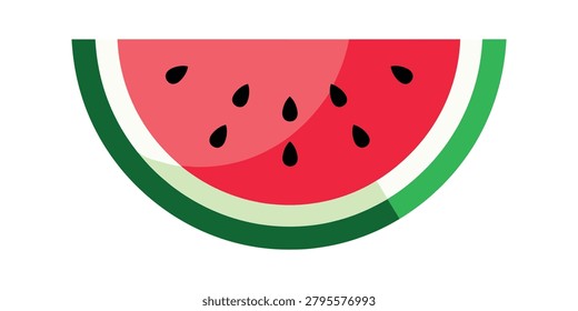 A stylized vector graphic of a fresh red watermelon wedge with black seeds and a thick green rind against a white background