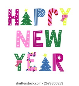 Stylized vector graphic happy new year text. Greeting card or seasonal design element. Vector illustration
