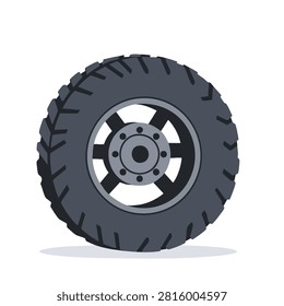 A stylized vector graphic of a heavy duty off road car tire with a thick tread pattern and metallic wheel rim isolated on white