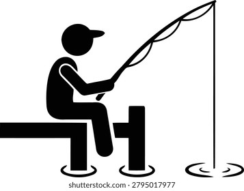 Stylized vector graphic illustration of a person enjoying a peaceful fishing activity from a pier, waiting for a catch.