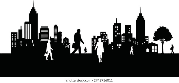 Stylized vector graphic illustration showcases a busy urban city skyline silhouette with diverse people walking along the street, representing modern city life, transportation, and human movement against a clean white background, perfect for contemporary design projects requiring an adaptable graphic.