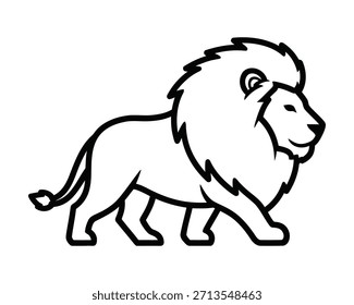 Stylized vector graphic of a powerful wild lion with a flowing mane, depicted in a walking pose