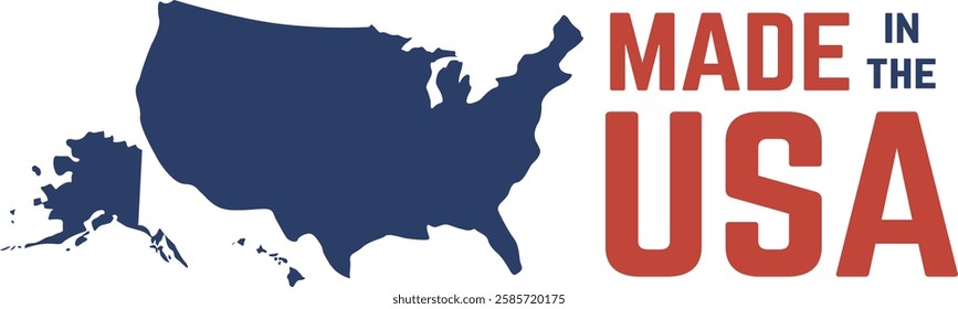 Stylized vector graphic representing a map of the United States of America with the writing Made in the USA promoting products manufactured in the country