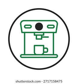 Un gráfico de Vector estilizado muestra una cafetera con una taza, perfectamente enmarcada por un círculo ordenado. El diseño utiliza un estilo de línea simple y limpio para comunicar una estética elegante y moderna, que simboliza