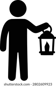 Stylized vector graphic shows a person holding a lit lantern, symbolizing the pursuit of knowledge, discovery, and guidance in darkness.