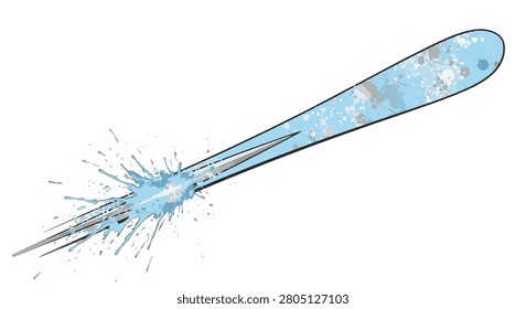 Stylized vector graphic of a ski pole tip or ski edge with light blue watercolor splashes and speckled textures, isolated on a white background with sharp metallic detailing.